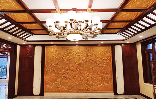 滦南中式别墅客厅中式木作横梁吊顶装饰展示