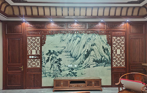滦南中式仿古别墅客厅背景墙花格木作装饰